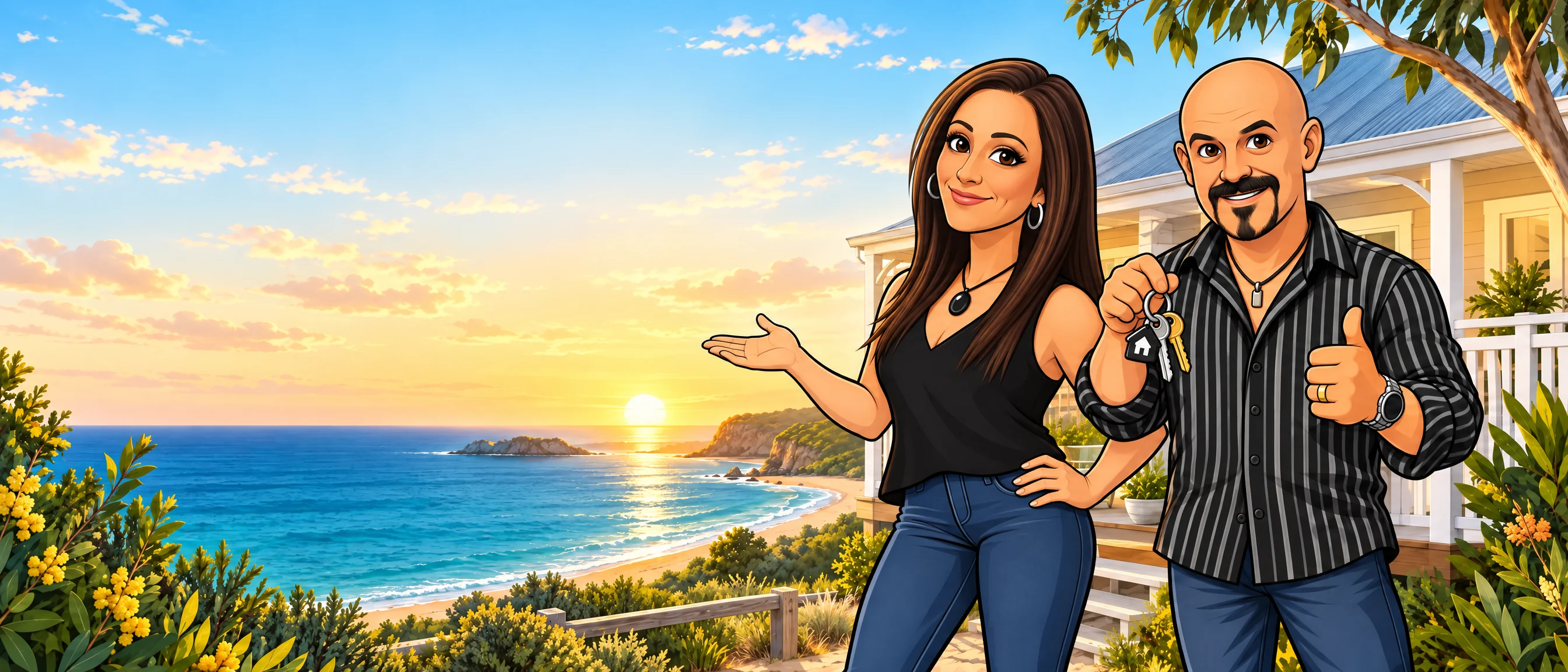 Illustrated accommodation hosts beside a coastal home and bay at sunset